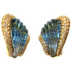 KURT WAYNE Pave Diamonds & Carved Aquamarine Gold Earclips.