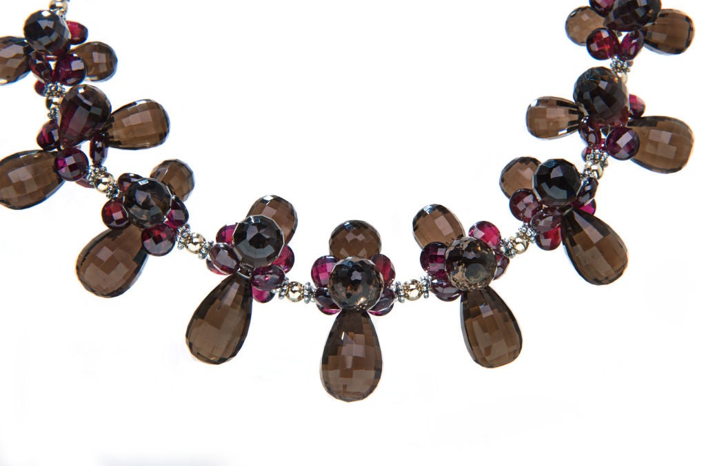Smoky Quartz and Garnet Necklace with 14K Gold and Sterling Silver