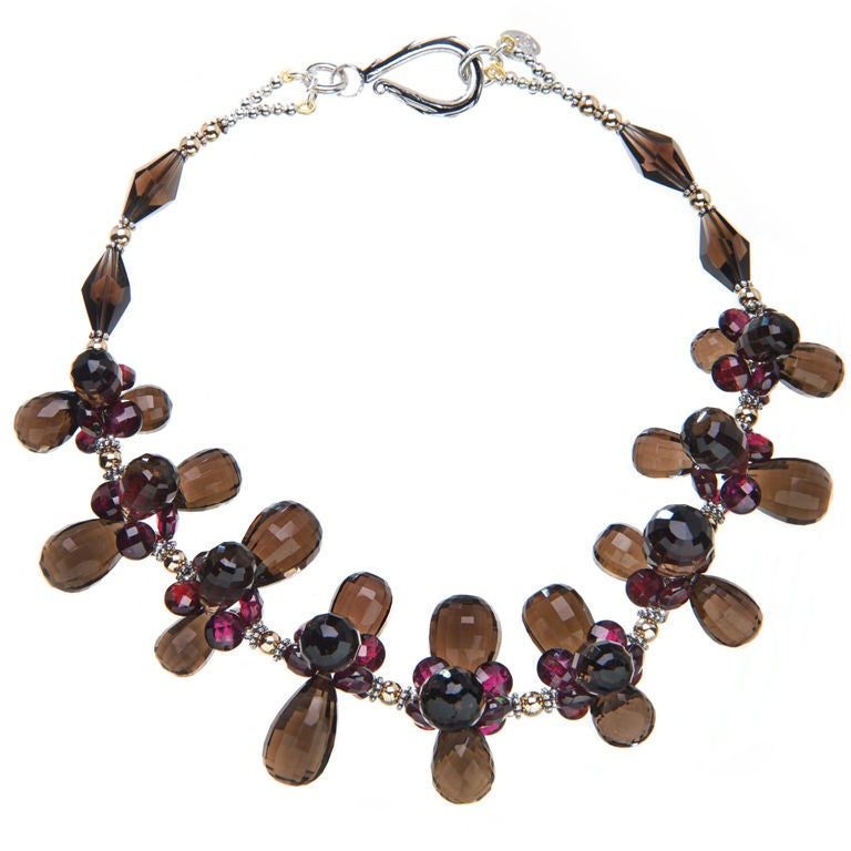 Smoky Quartz and Garnet Necklace with Yellow Gold and Sterling Silver For Sale