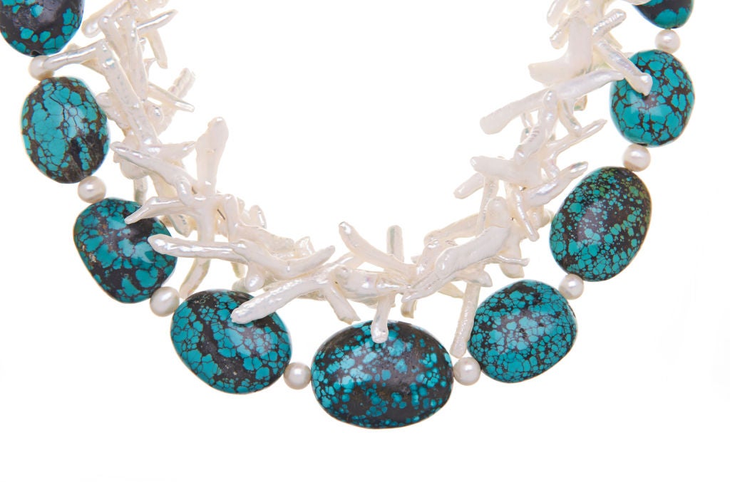 White Cross Fresh Water Pearl Blue Turquoise Sterling Silver Necklace