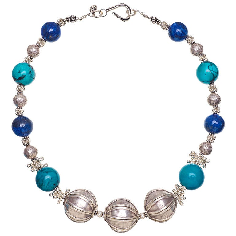Lapis Blue Turquoise Silver Beaded Necklace