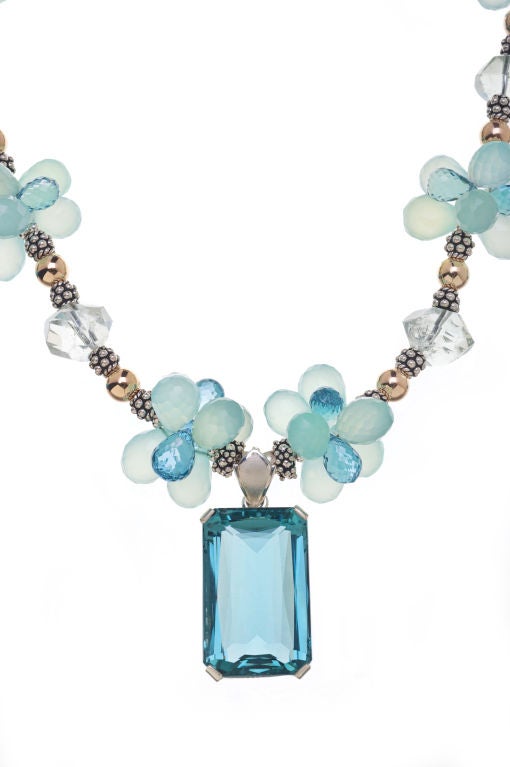 60 carat aquamarine pendant on a necklace of london topaz, aqua chalcedony, green amethyst 14K gold and sterling silver