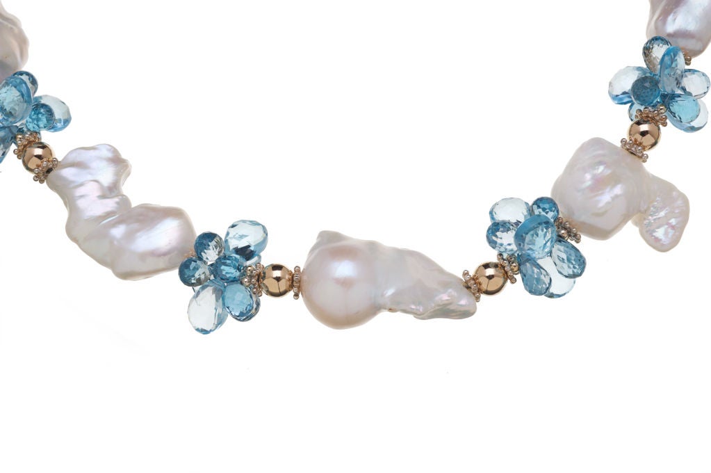 baroque pearls necklace with blue topaz, gold and silver