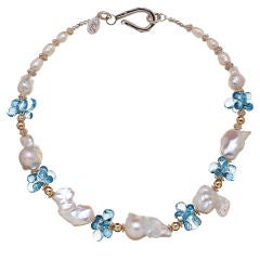 baroque pearls necklace with blue topaz, gold and silver