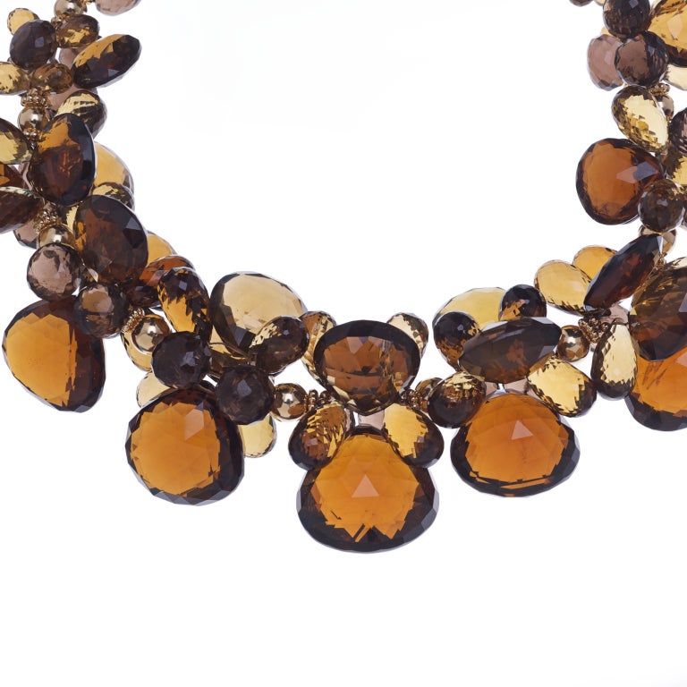 Cognac, Whiskey and Smoky Quartz Necklace in 14K Gold