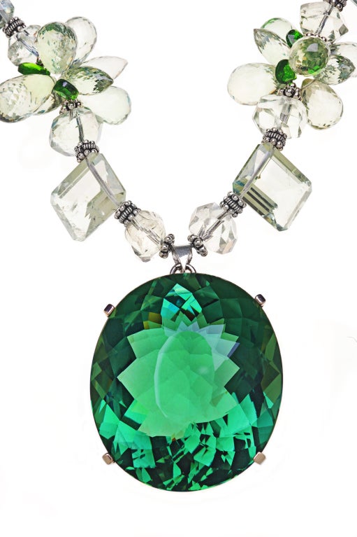 218 Carat Green Amethyst Pendant on a Necklace of Green Amethyst, Chrome Diopside and Sterling Silver