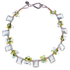 Green Amethyst, Peridot, Chalcedony, Gold and Sterling Necklace
