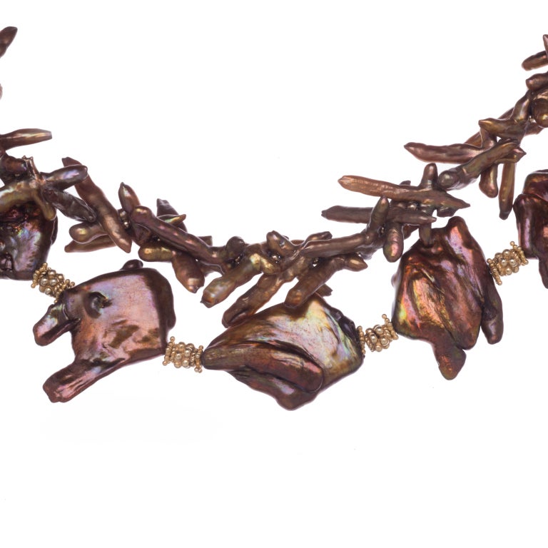 Multi-Strand Bronze Cross and Baroque Pearls Necklace