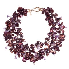 Multi-Strand Bronze Fresh Water Pearls and Amethyst Necklace