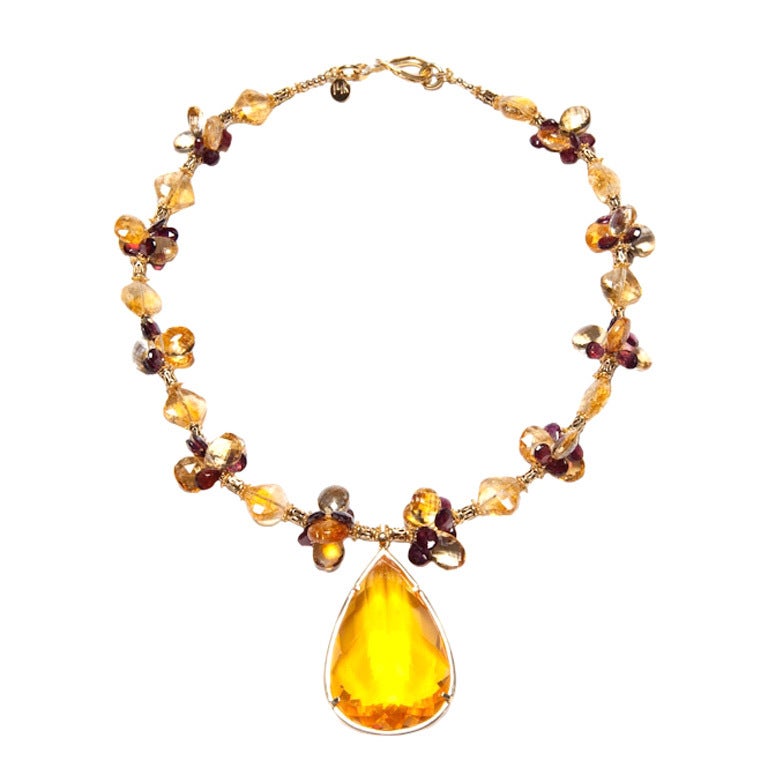222 Carat Citrine Pendant Necklace with Citrine, Garnet and Gold For Sale