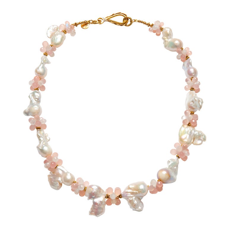 Baroque Pearls, Pink Chalcedony and Moonstone Necklace at 1stDibs