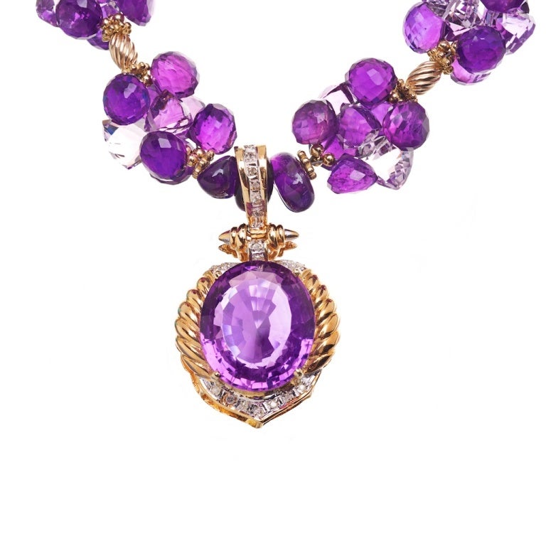 Vintage Amethyst and Diamond Pendant on a Necklace of Pink and Purple Amethyst and 14K Gold