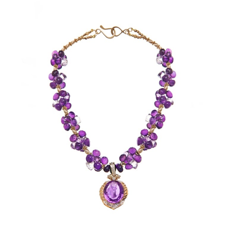 Women's Amethyst and Diamond Pendant Necklace with Amethyst and Gold
