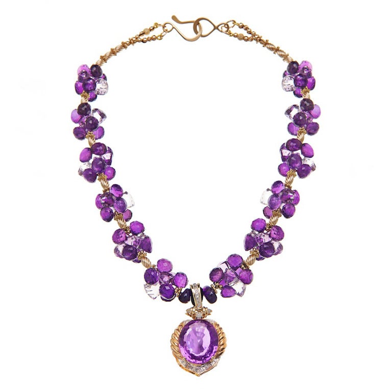 Amethyst and Diamond Pendant Necklace with Amethyst and Gold