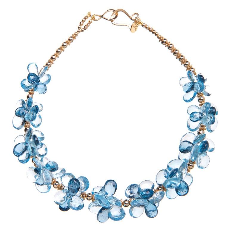 Swiss Blue Topaz and London Blue Topaz Necklace in Gold For Sale