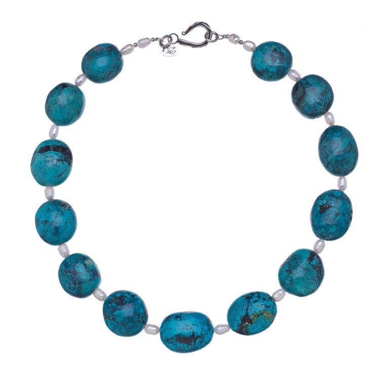 Turquoise and White Fresh Water Pearls Necklace with Sterling Silver (21 and 25 inch lengths)