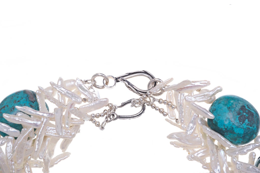 Deborah Liebman Turquoise and White Fresh Water Pearls Sterling Silver Necklace im Zustand „Neu“ im Angebot in Kansas City, MO
