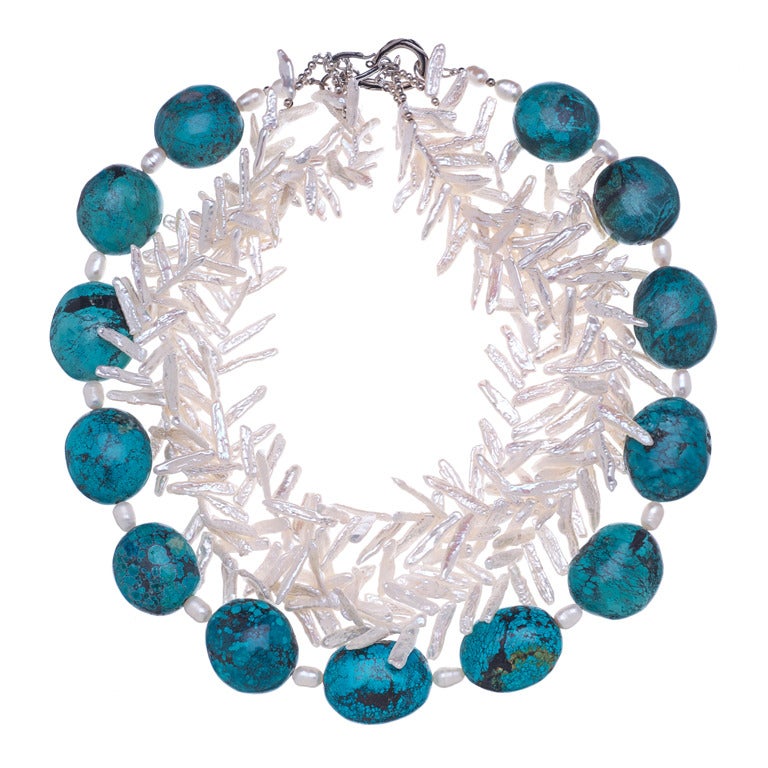 Deborah Liebman Turquoise and White Fresh Water Pearls Sterling Silver Necklace For Sale