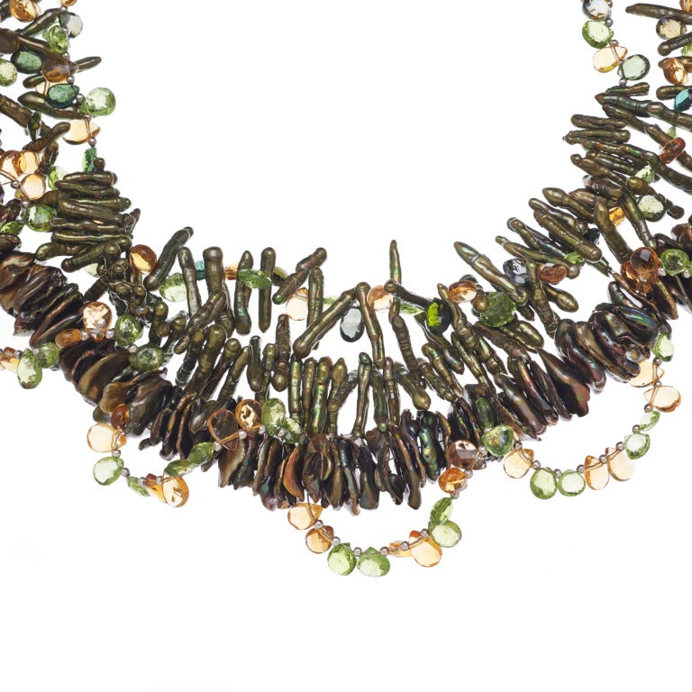 Deborah Liebman Peridot Citrine Tourmaline Pearl Multi-Strand Necklace