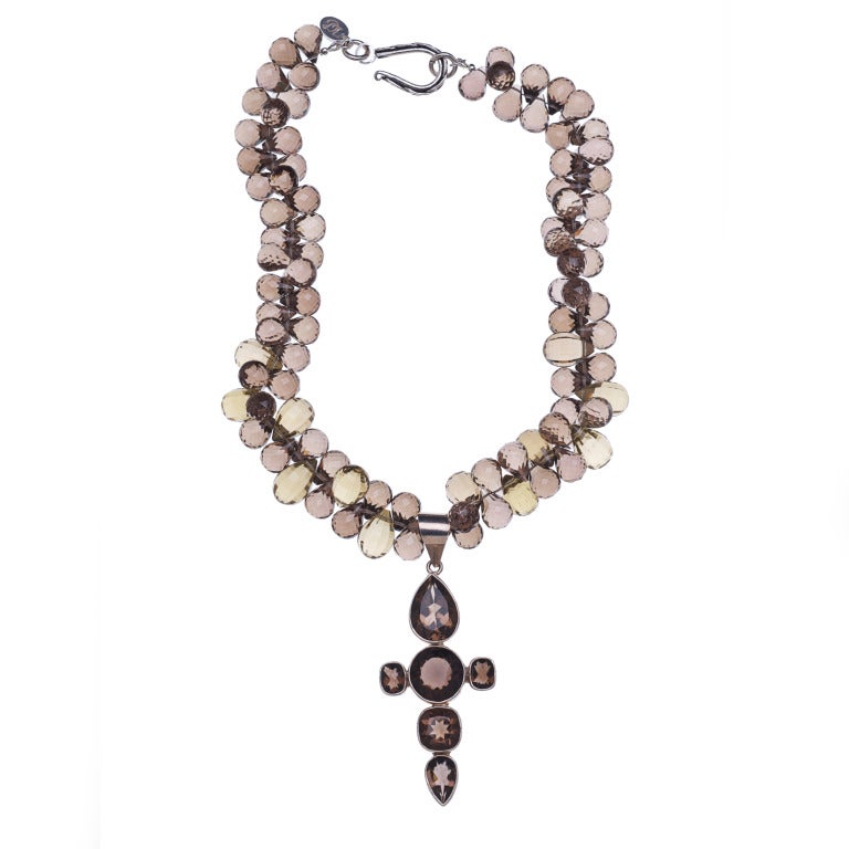 Modern Deborah Liebman Smoky Quartz Multi-Strand Cross Pendant Necklace For Sale