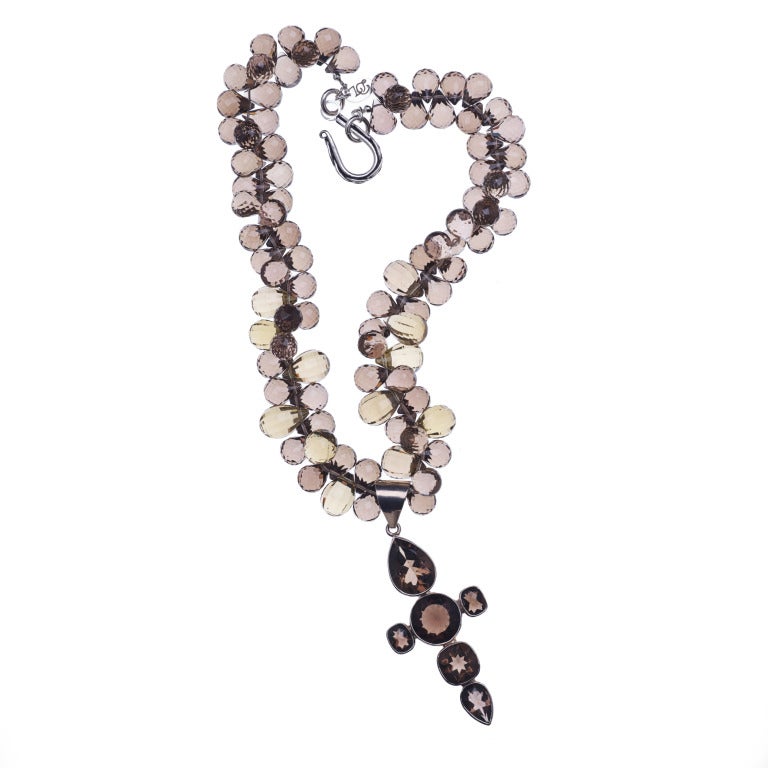 Deborah Liebman Smoky Quartz Multi-Strand Cross Pendant Necklace In New Condition For Sale In Kansas City, MO