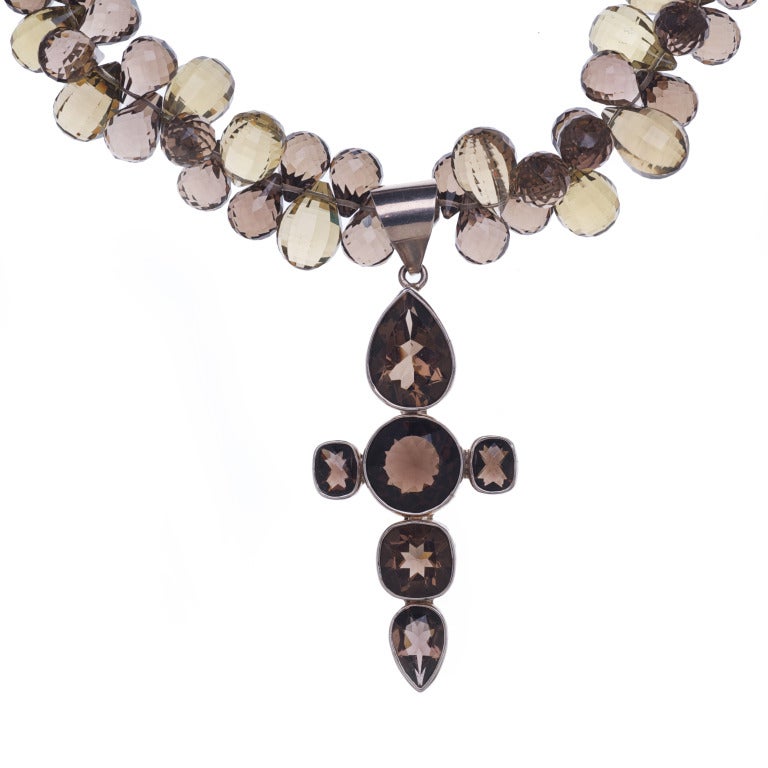 Women's Deborah Liebman Smoky Quartz Multi-Strand Cross Pendant Necklace For Sale