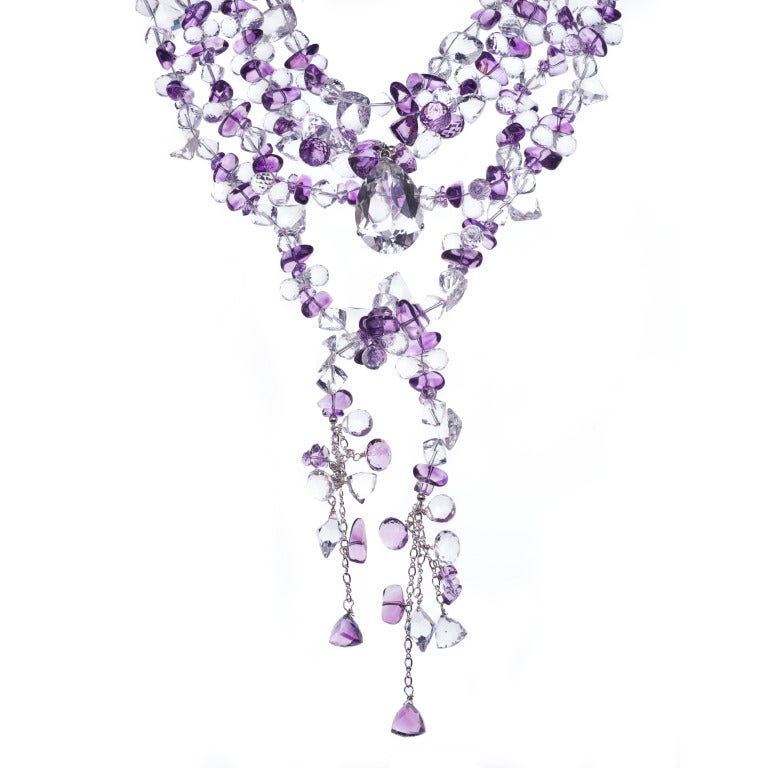 Multi-Strand Necklace and Lariat of Amethyst, White Topaz, Crystal Quartz and Sterling Silver with a Crystal Quartz Pendant