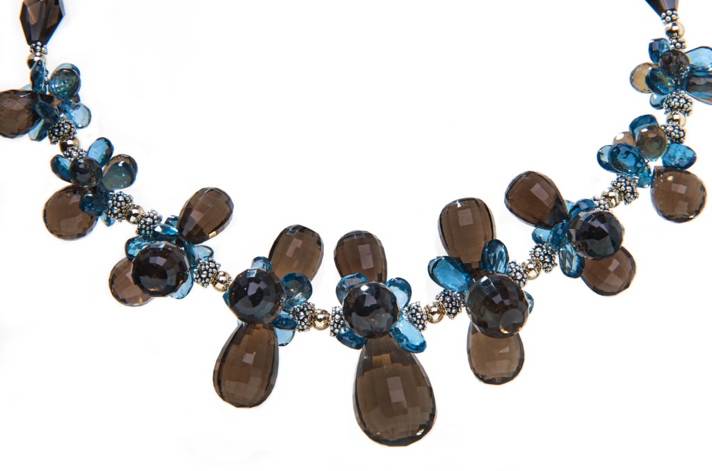 Smoky Quartz, London Blue Topaz, 14K Gold and Sterling Silver Necklace