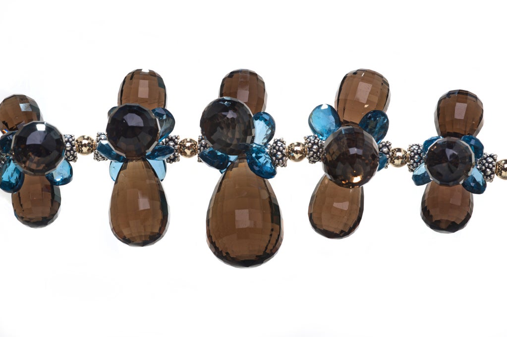 Modern Deborah Liebman Smoky Quartz Blue Topaz Yellow Gold Sterling Silver Necklace For Sale
