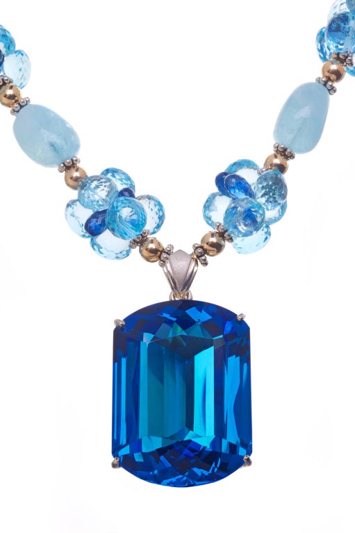 187 Carat Blue Topaz Pendant, Aquamarine, Blue Topaz, Kyanite with 14K Gold Balls and Sterling Silver