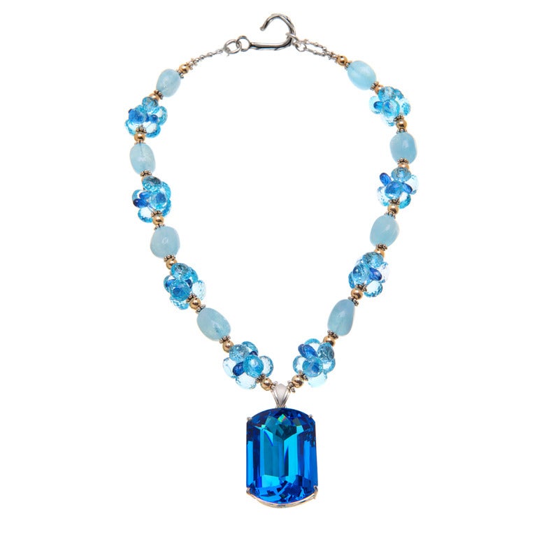 Deborah Liebman 187 Carat Topaz Pendant Necklace Aquamarine Kyanite Gold Silver For Sale