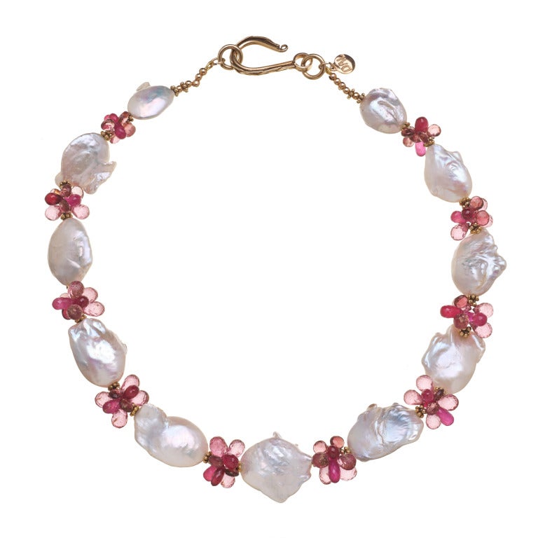 Baroque Pearls, Rubies, Pink Topaz and Pink Tourmaline Necklace in Gold Vermeil (may be worn as a duet with a separately priced strand of cultured pearls, rubies, pink topaz and pink tourmaline - 18 inch and 20 inch lengths)