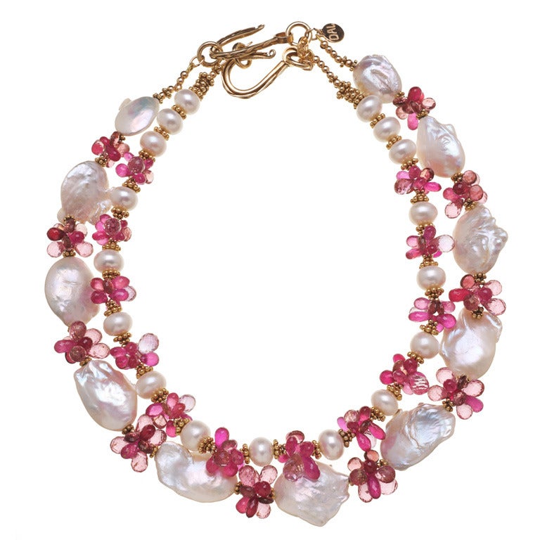 Pink Topaz Pink Tourmaline Baroque Pearl Ruby Necklace