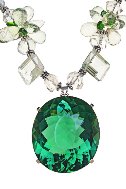 218 Carat Green Amethyst Pendant, Green Amethyst, Chrome Diopside and Sterling Silver Necklace