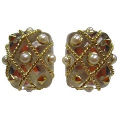 Transparent Crystal and Pearl Earclips, Seaman Schepps