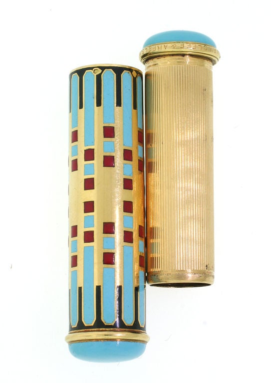 Applied with a motif of geometric design, the gold case decorated with turquoise, black and red enamel, French assay marks for 18ct gold, signed and numbered, circa 1930.