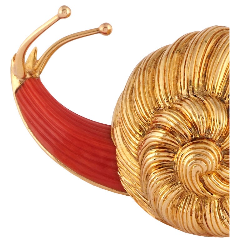 BOUCHERON. Coral Yellow Gold Snail Brooch. For Sale