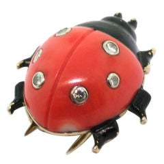 Vintage CARTIER. Coral Diamond Black Laquer Ladybug Brooch.