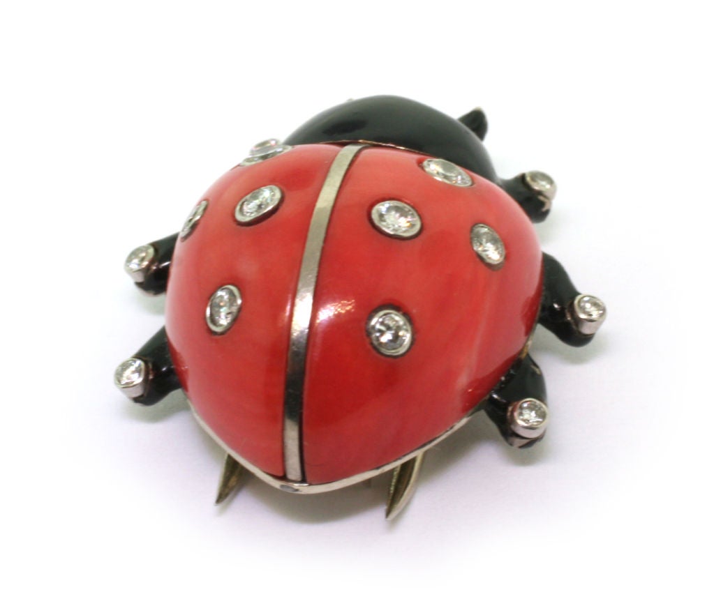 Women's CARTIER. Coral Diamond Black Laquer Ladybug Brooch. For Sale