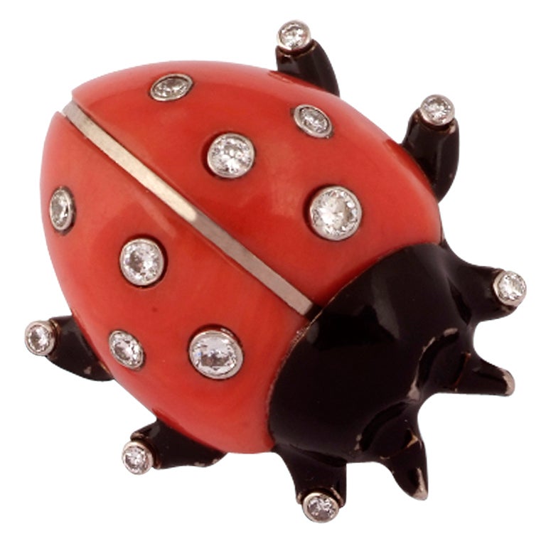 CARTIER. Coral Diamond Black Laquer Ladybug Brooch. For Sale