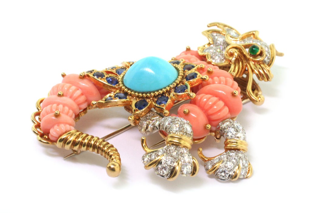 Women's CARTIER A Coral Turquoise Diamond Griffin Brooch