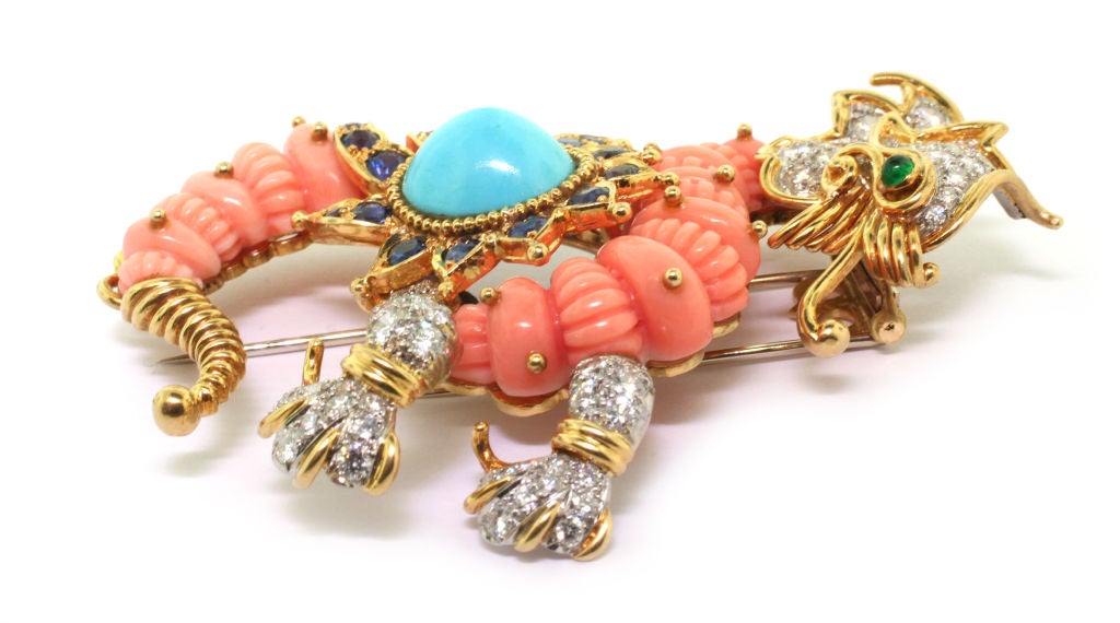 CARTIER A Coral Turquoise Diamond Griffin Brooch 1
