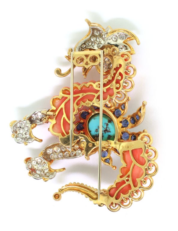 CARTIER A Coral Turquoise Diamond Griffin Brooch 2