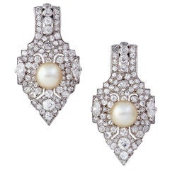CARTIER Pair of Natural Pearl Diamond Brooches