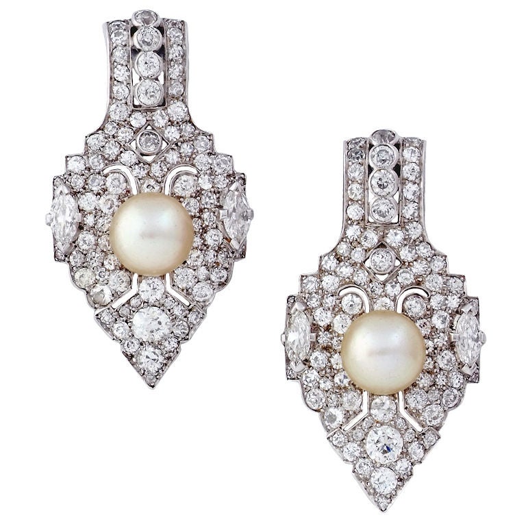 CARTIER Pair of Natural Pearl Diamond Brooches For Sale