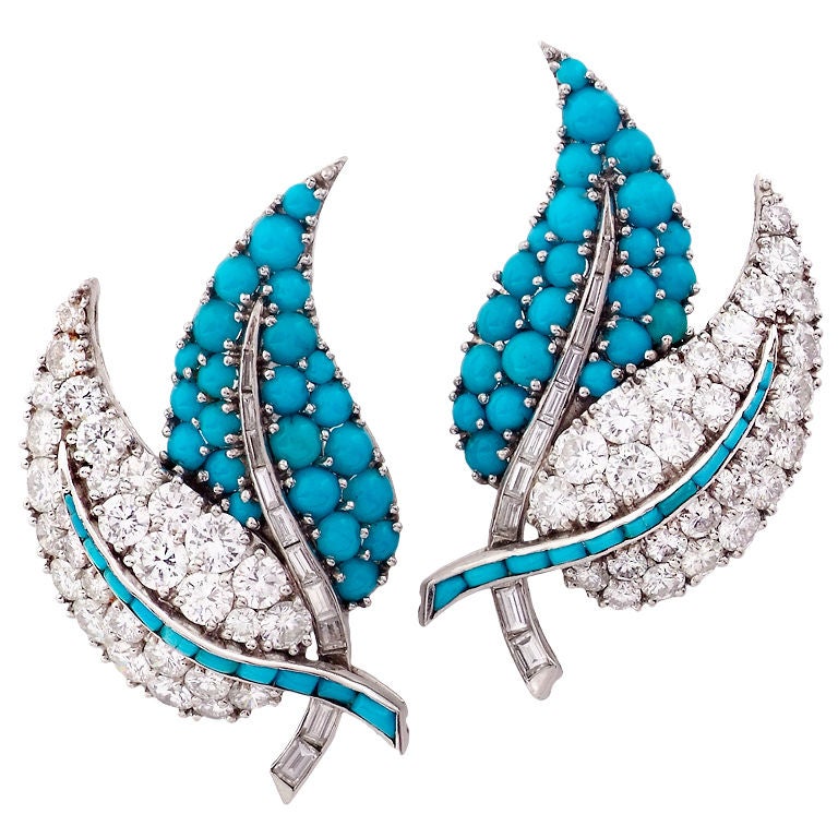 A Pair of Turquoise Diamond Ear Clips For Sale