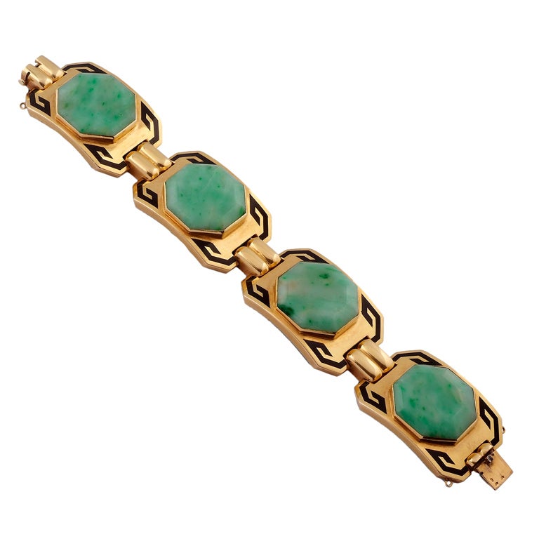 An Art Deco Jade And Enamel Bracelet. For Sale