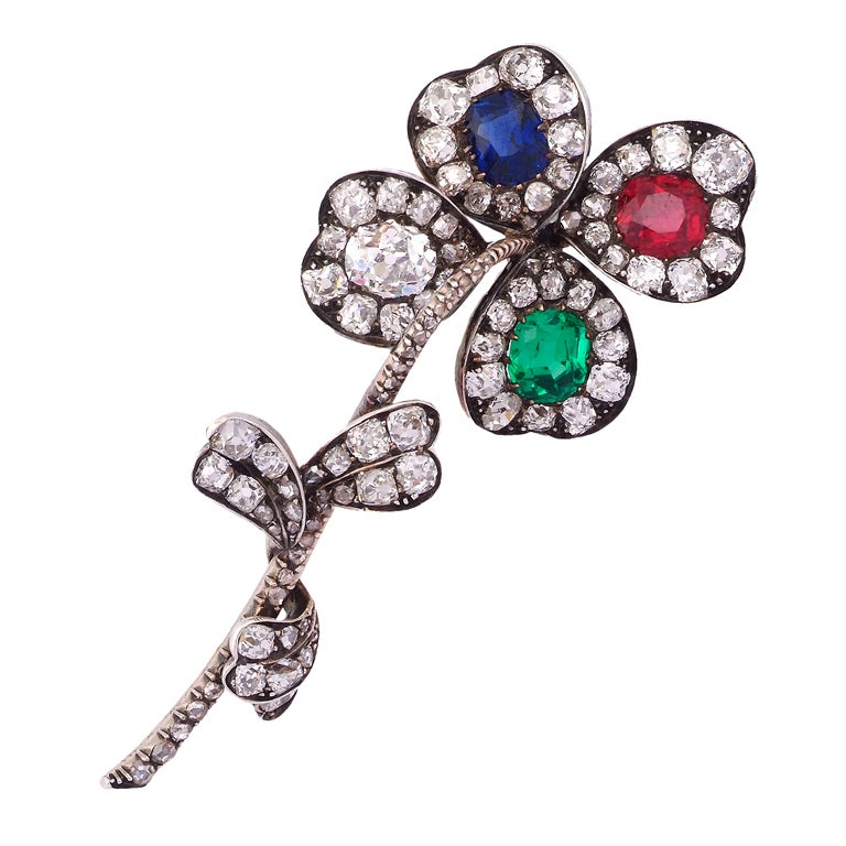French Victorian Four Leaf Gem Clover Spray Pin For Sale