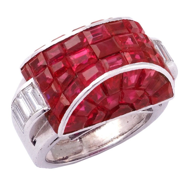An Art Deco Invisibly-Set Ruby Ring. For Sale