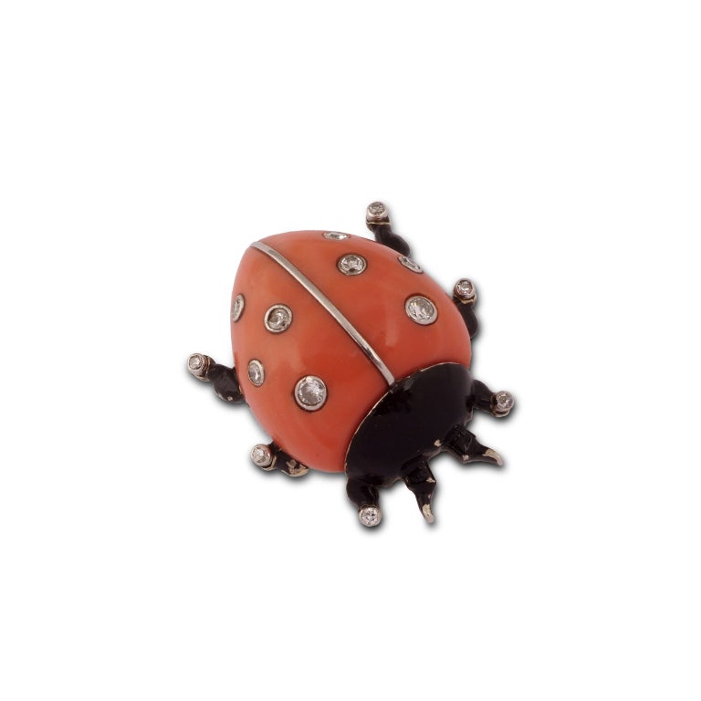 CARTIER Coral Diamond Black Lacquer Ladybug Brooch For Sale